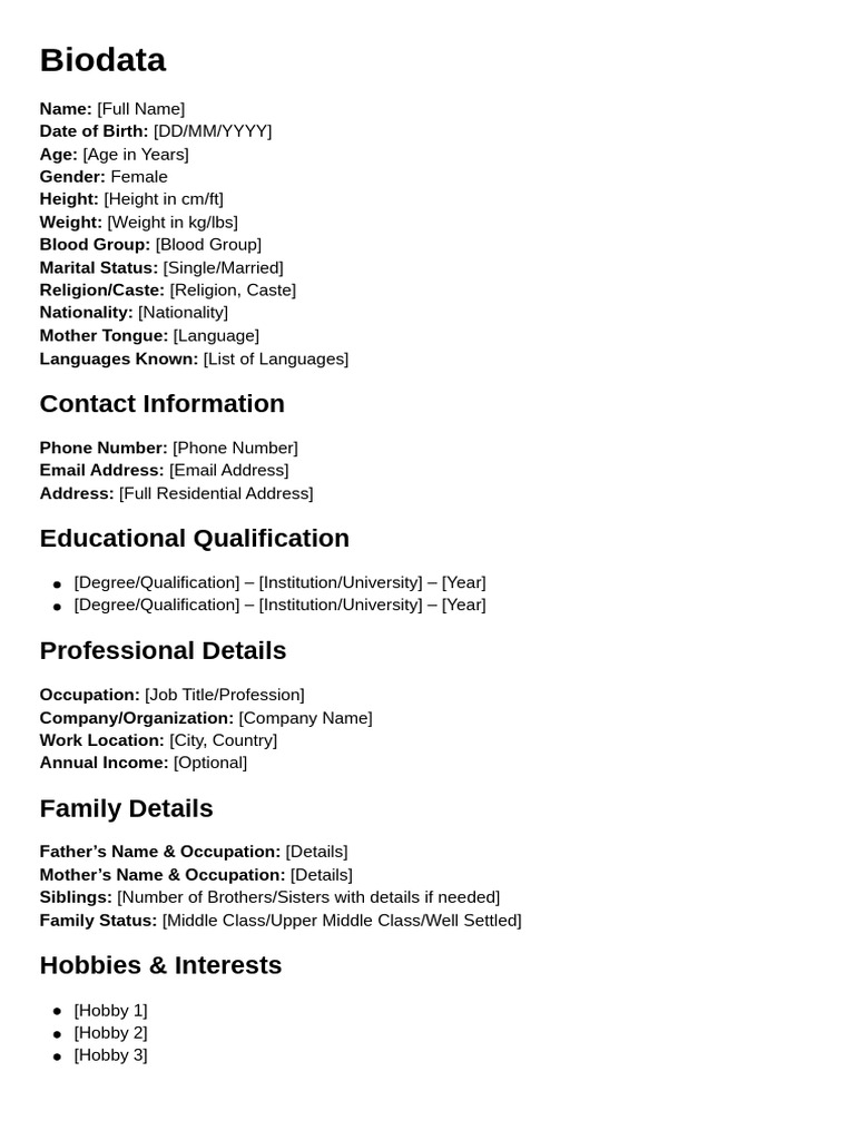 Comprehensive Biodata Template | PDF