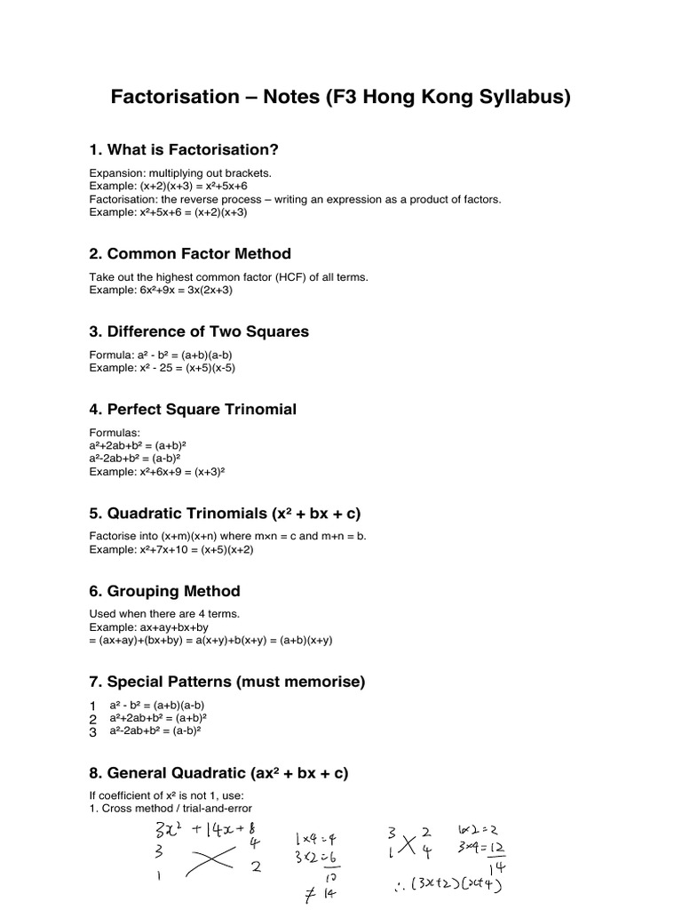 Factorisation Techniques for F3 Students | PDF | Factorization ...