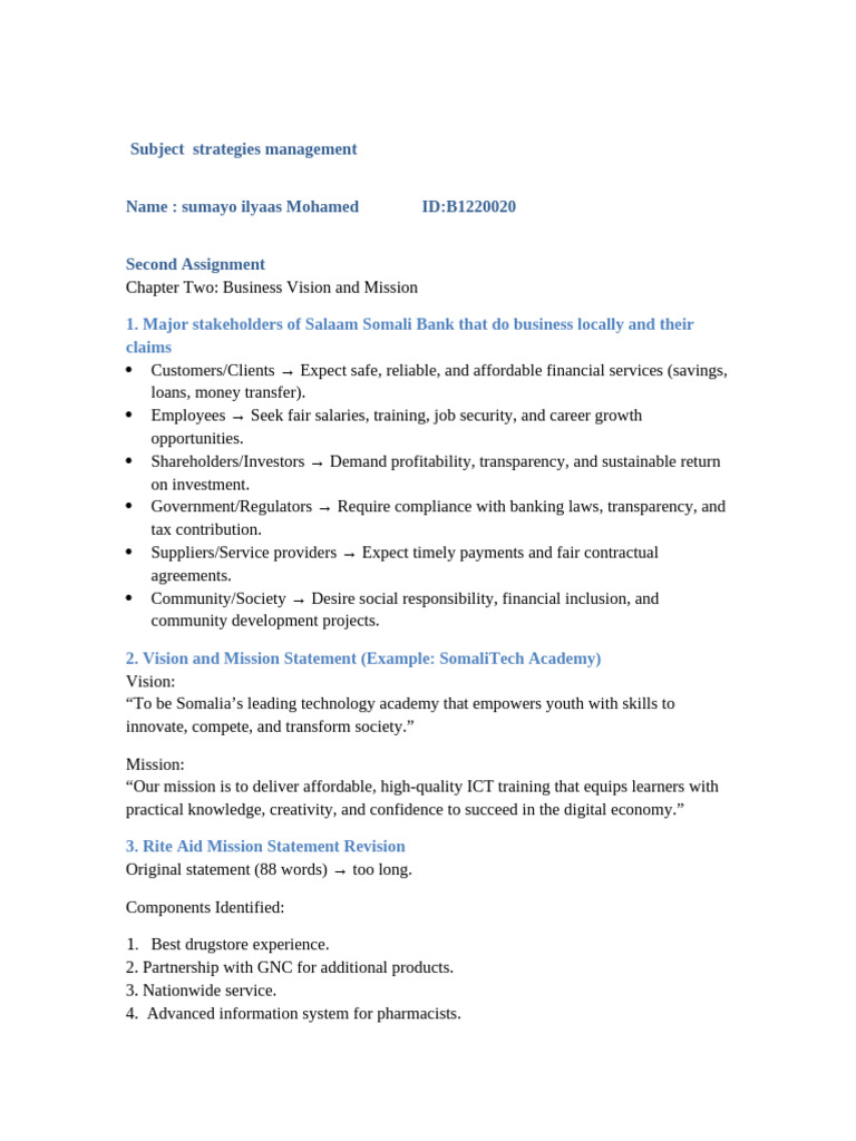Second Assignment Business Vision and Mission | PDF | Reputation ...