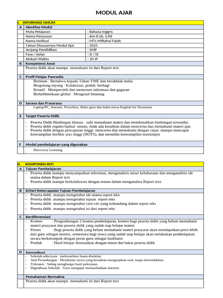 Modul Ajar Bahasa Inggris SMP: Report Text | PDF