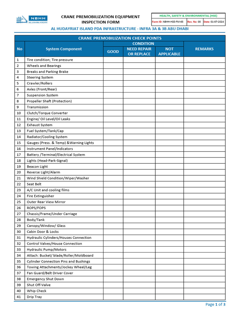 Crane Premobilization Inspection Checklist | PDF | Crane (Machine) | Axle