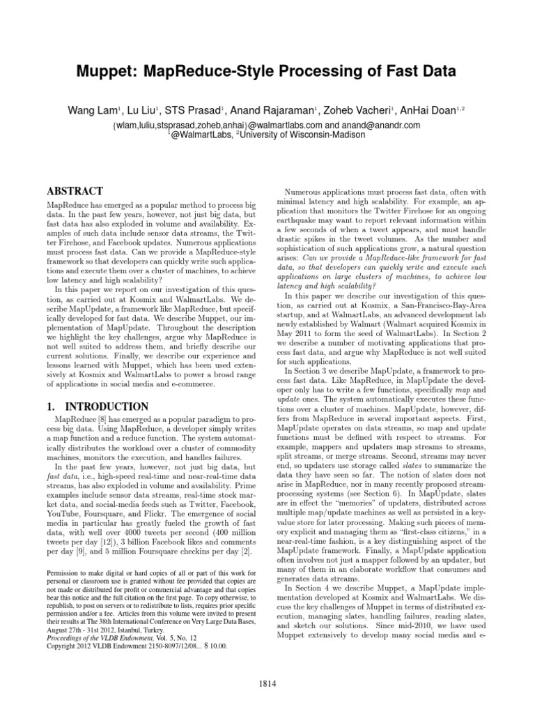 Muppet: MapReduceStyle Processing of Fast Data | PDF | Map Reduce ...