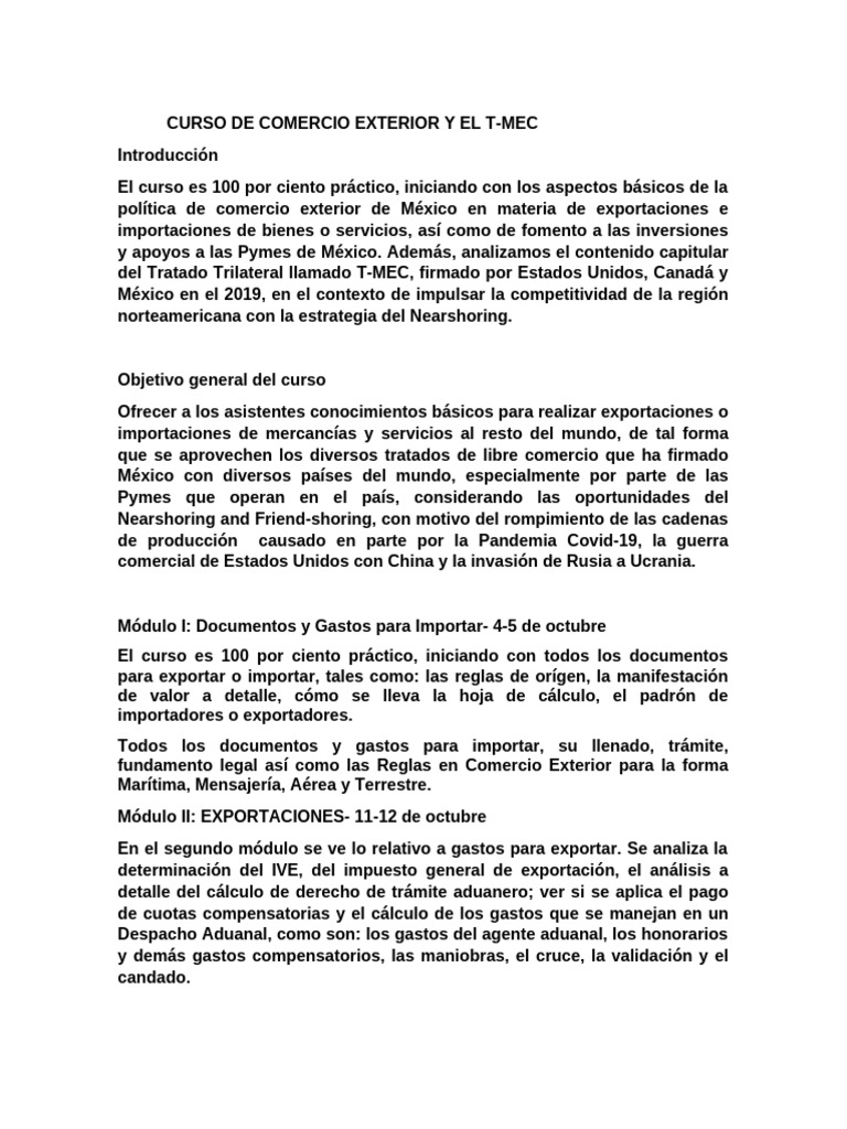 Curso de Comercio Exterior y El T-Mec Agosto2024 | PDF | aduana ...
