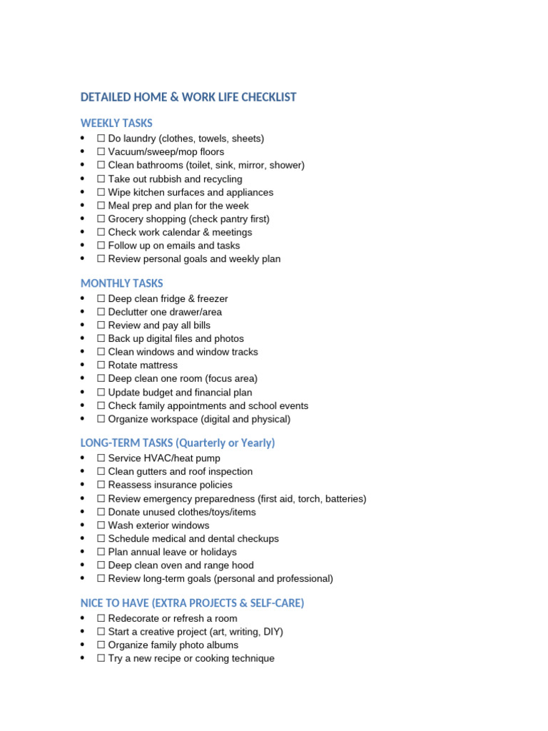 Detailed Home Work Life Checklist | PDF