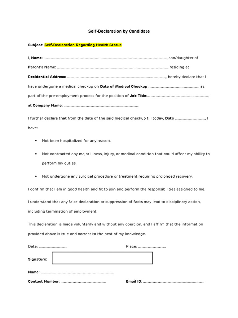 Candidate Health Status Declaration Form | PDF