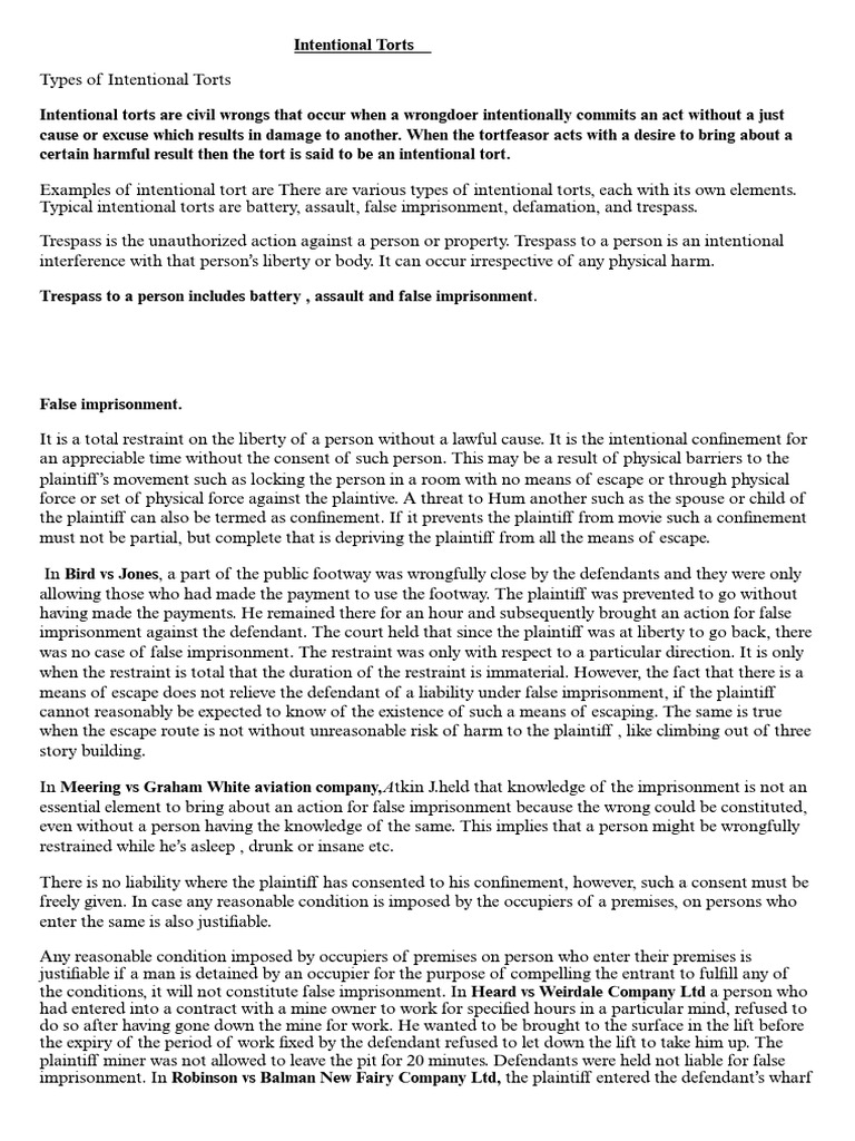 Types and Examples of Intentional Torts | PDF | Assault | Legal Remedy