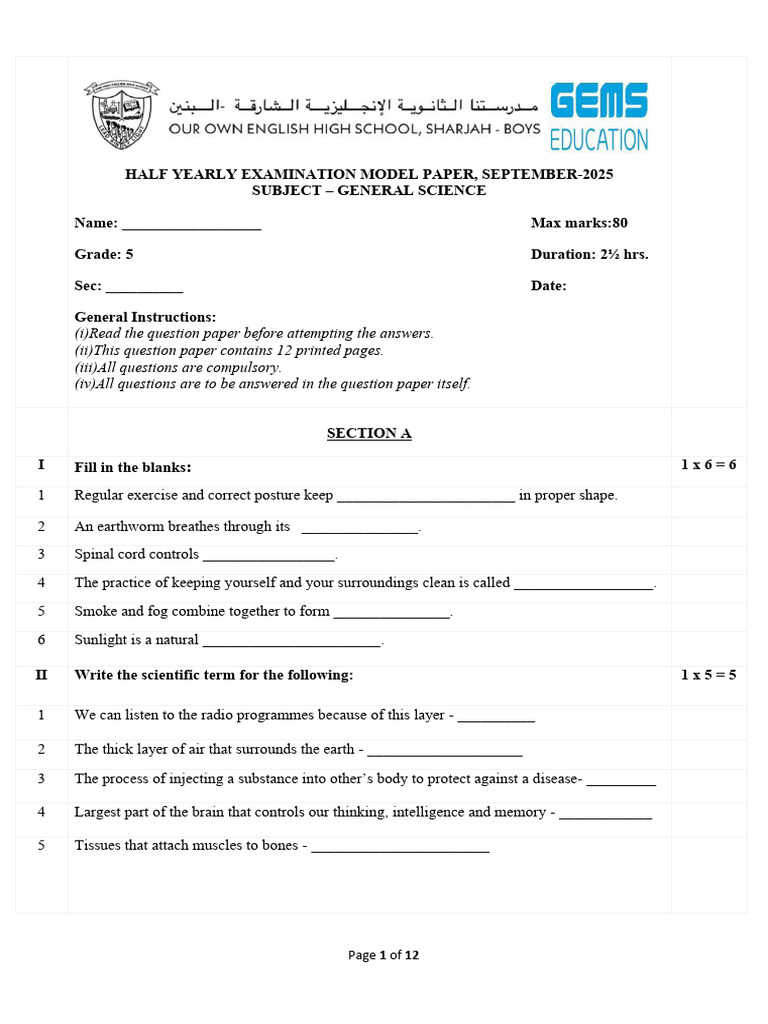 General Science Model Paper 2025 | PDF | Rodent | Zoology