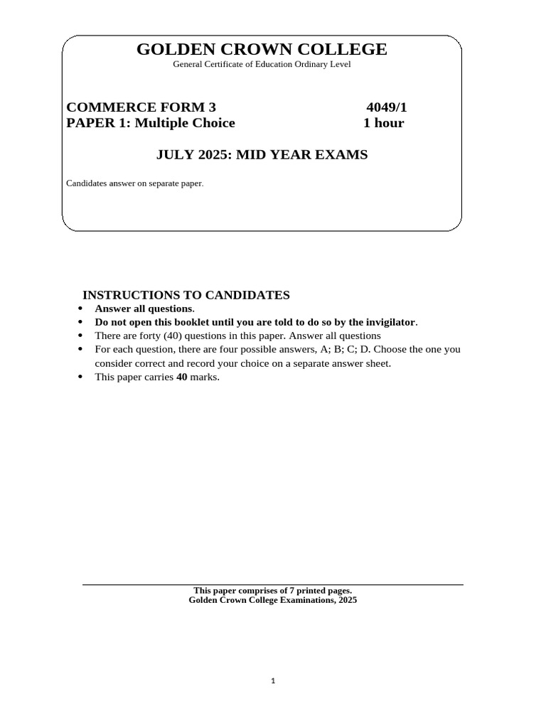 Commerce Form 3 Exam Instructions | PDF | Tariff | Trade