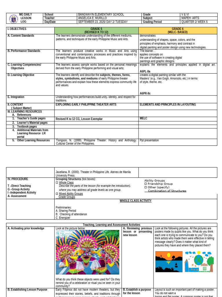 MAPEH Arts Lesson Plan: Philippine Theater | PDF | Learning | Theatre