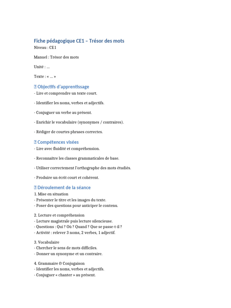 Fiche Pédagogique CE1 : Trésor des Mots | PDF
