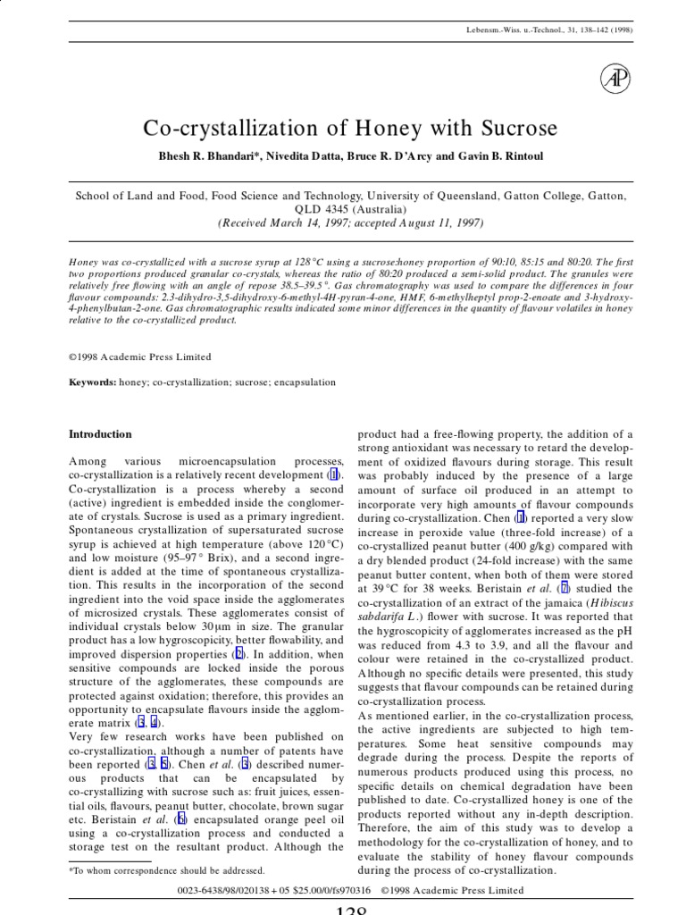 CoCrystallization of Honey With Sucrose PDF Honey Crystallization
