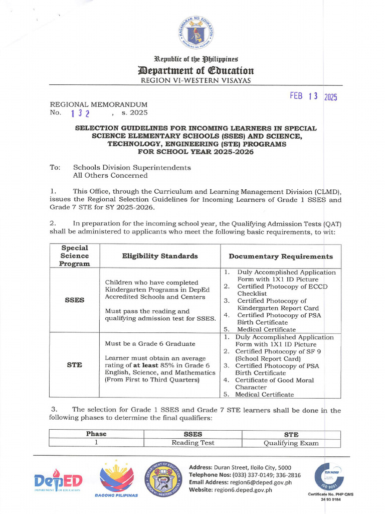 RM No. 132 S. 2025 - Selection Guidelines For Incoming Learners in ...