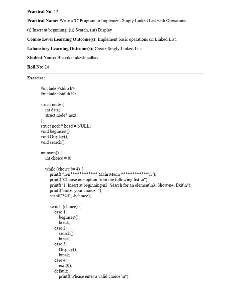 C Program: Singly Linked List Operations | PDF | Computer Programming ...
