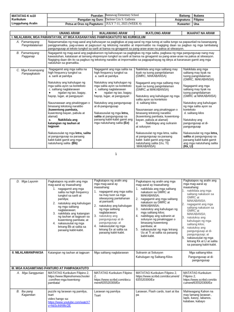 Filipino DLL 2 q1 w4 | PDF