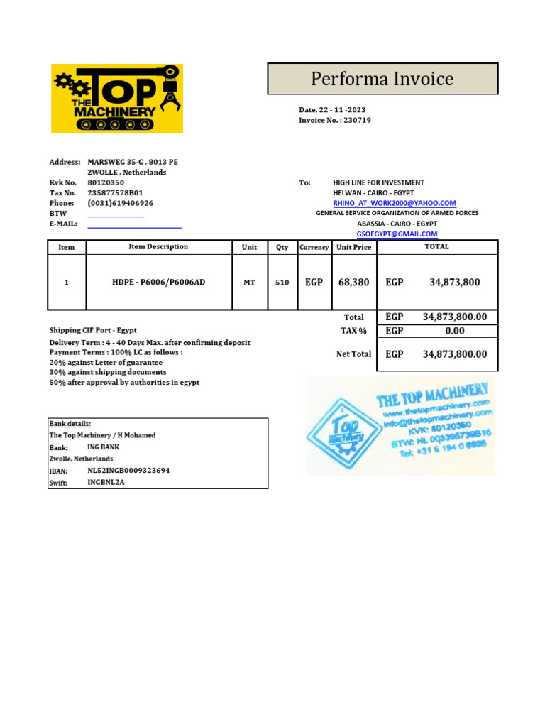 Invoice for HDPE Shipment to Egypt | PDF