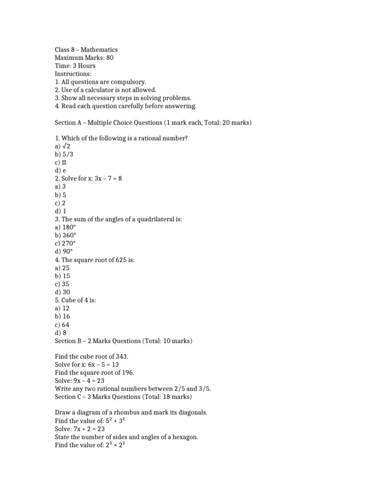 Class 8 Mathematics Exam Paper | PDF