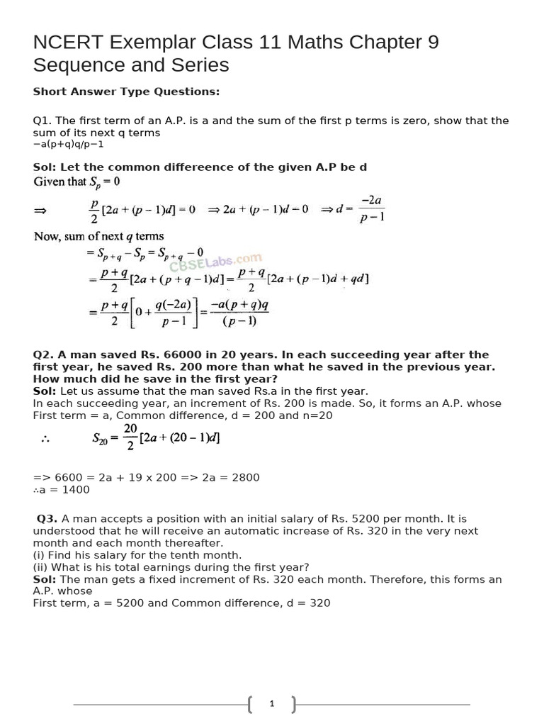 Class 11 Maths: Sequence & Series Exemplar | PDF | Triangle | Polytopes