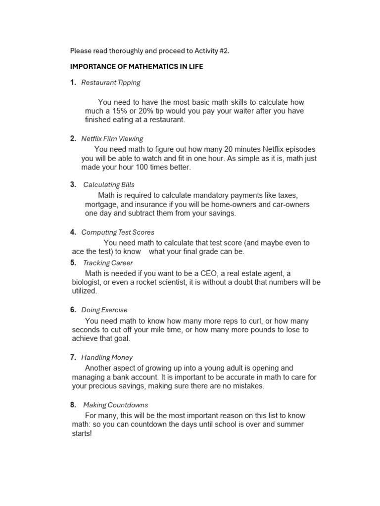 Importance of Mathematics in Daily Life | PDF | Mathematics | Statistics