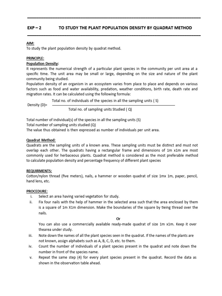 Quadrat Method for Plant Density Study | PDF | Area | Density