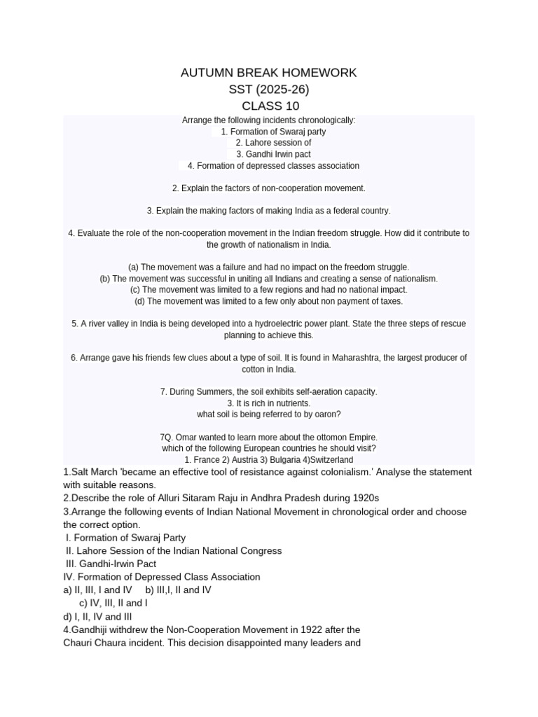 Class 10 SST Autumn Homework Guide | PDF | Indian Nationalism