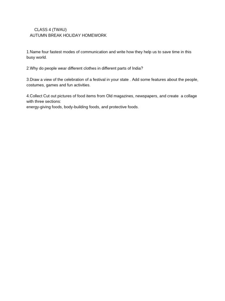 Class 4 Autumn Homework Assignments | PDF
