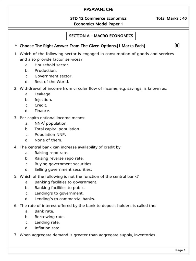 Economics Model Paper for Class 12 | PDF | Income | Subsidy