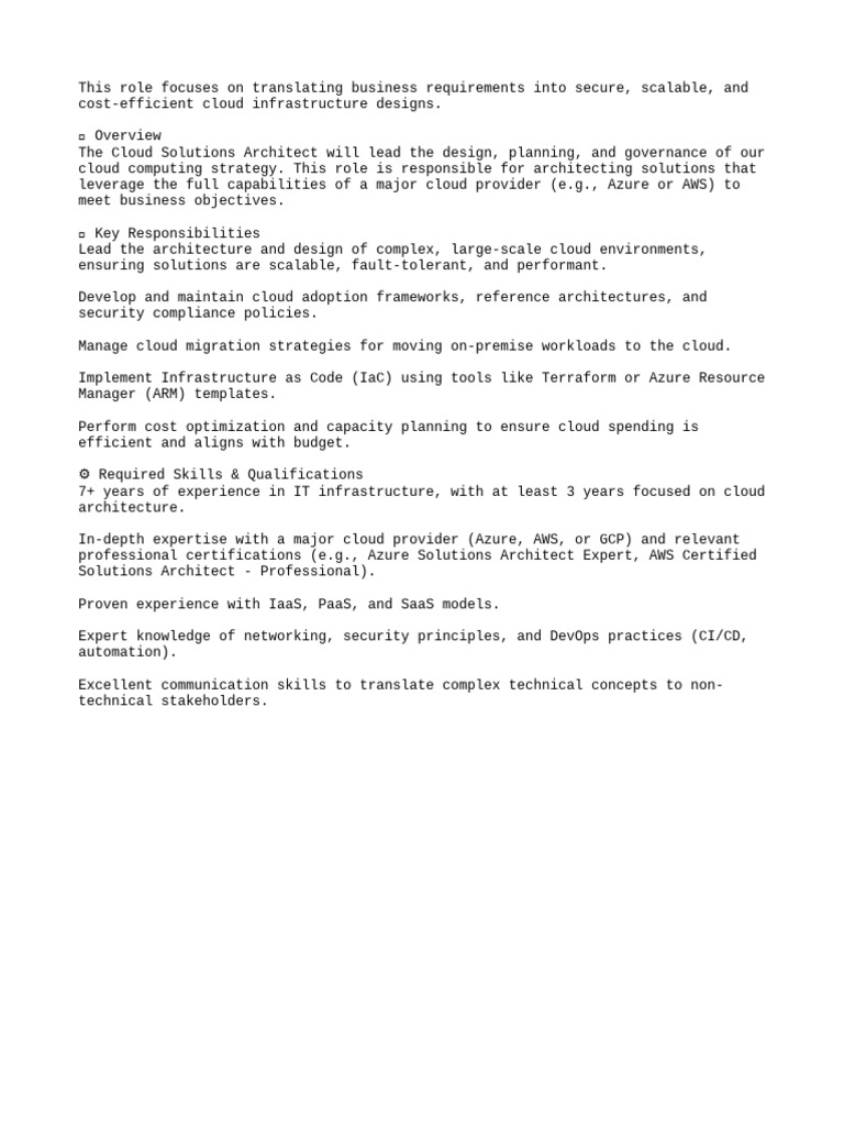 Cloud Solutions Architect Role Overview | PDF