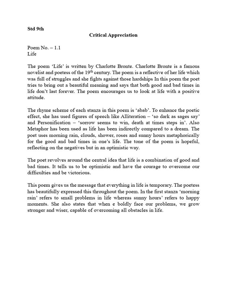Critical Appreciation STD 9th Unit 1 and Unit 2 | PDF | Poetry