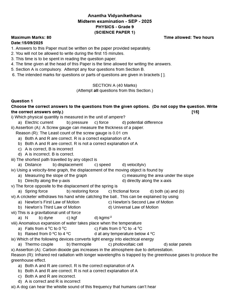 Grade 9 Physics Midterm Exam 2025 | PDF | Force | Greenhouse Effect