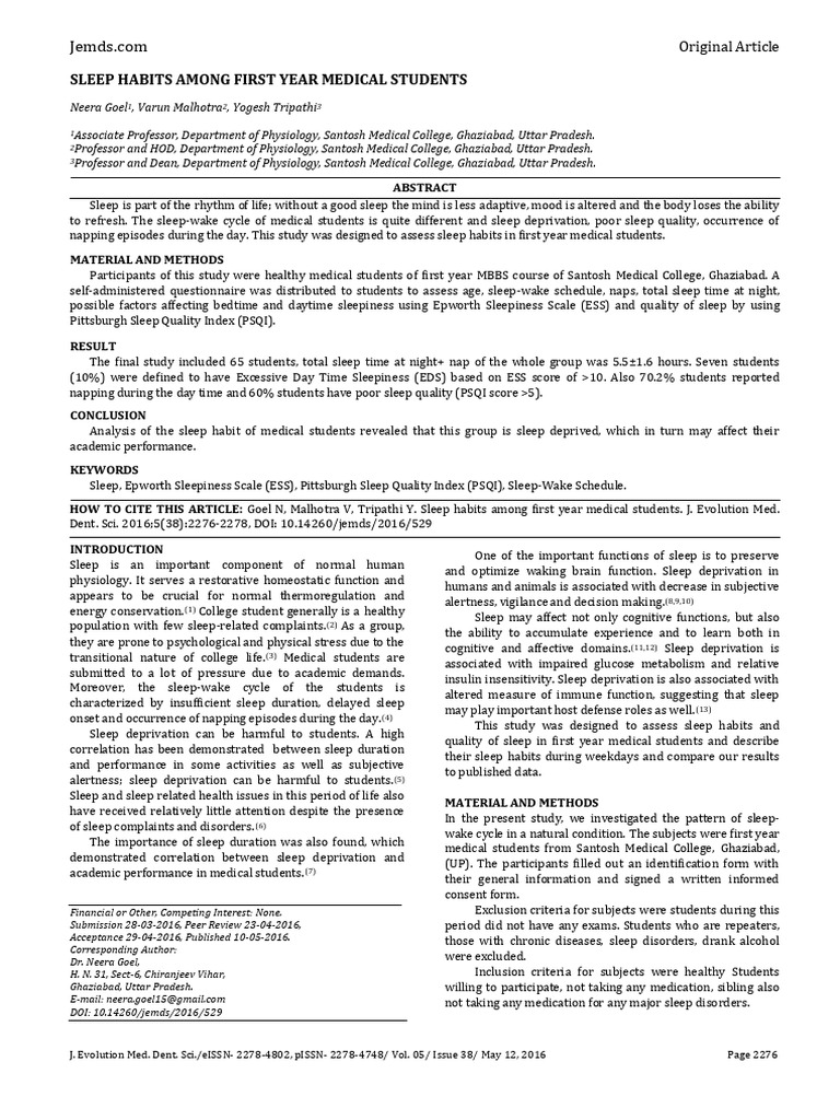 Sleep Habits Among First Year Medical Students | PDF | Sleep | Sleep ...