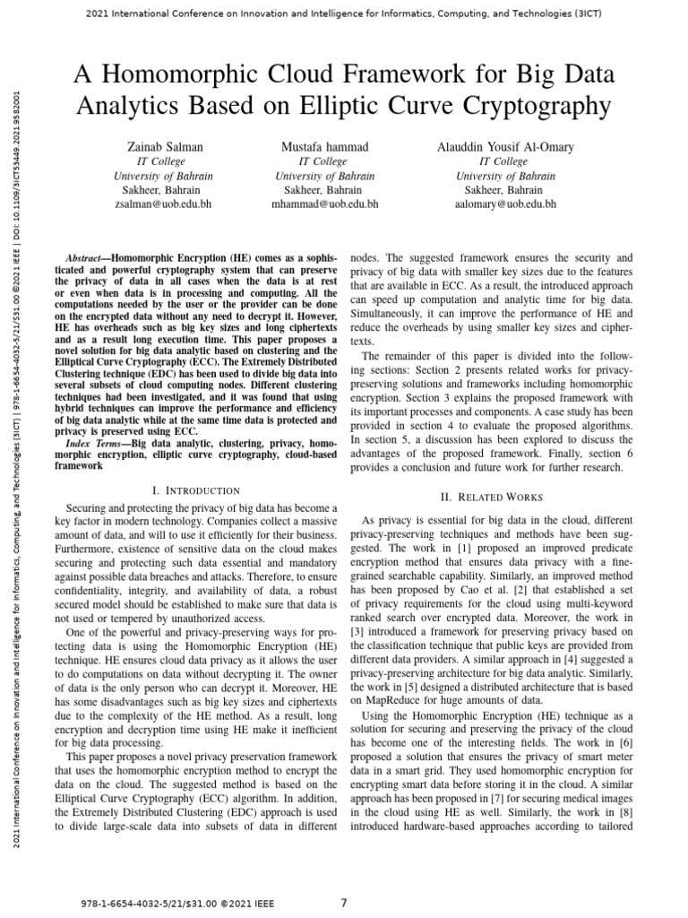 A Homomorphic Cloud Framework For Big Data Analytics Based On Elliptic ...