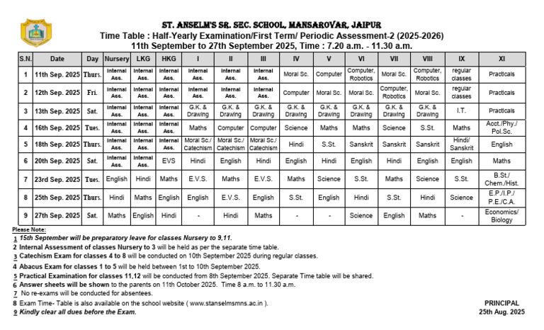 25 Aug. 2025 Nursery-9,11 HY Time Table 2025-2026 | PDF