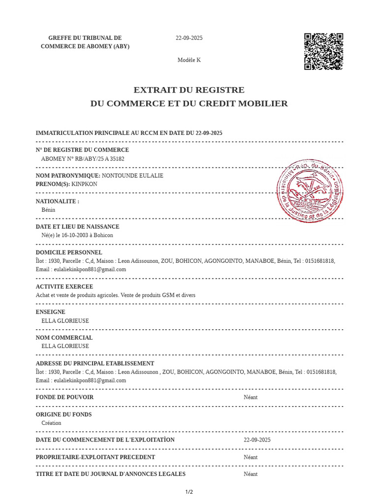 Immatriculation au RCCM de Eulalie Nontoundé | PDF | Tribunaux