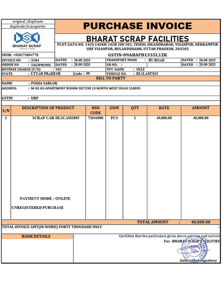 Invoice for HSN 72044900 Scrap | PDF