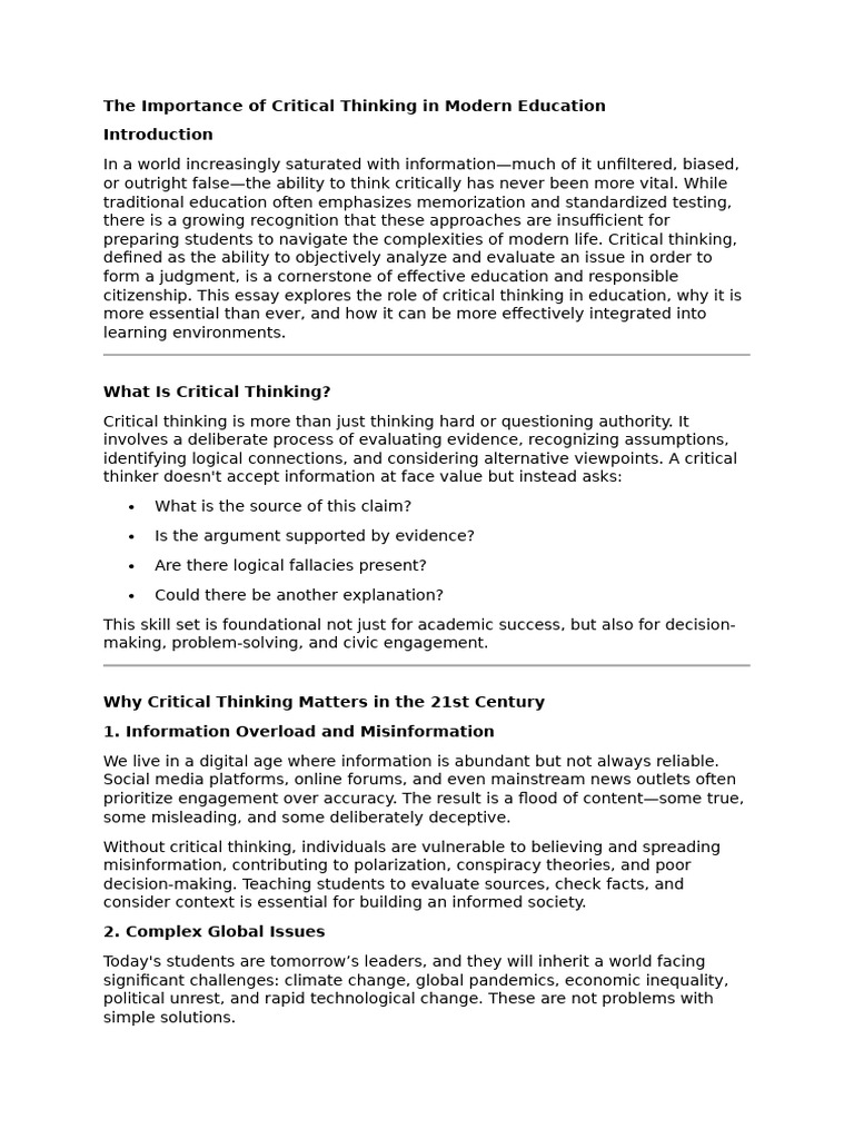 Critical Thinking in Modern Education | PDF | Critical Thinking | Thought
