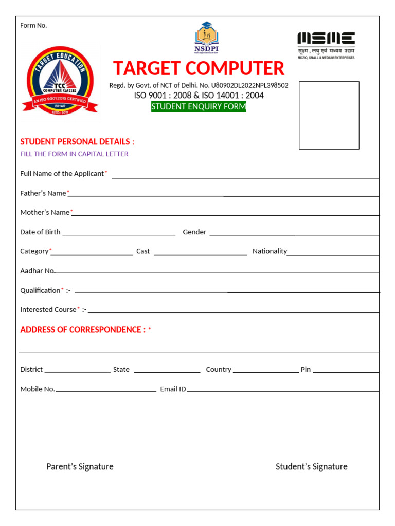 VCSM Student Enquiry Form | PDF