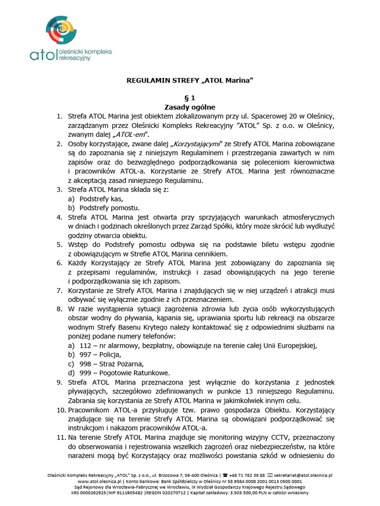 Regulamin ATOL Marina | PDF