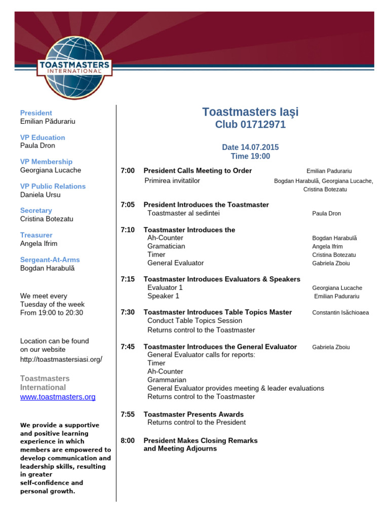 Toastmasters Iaşi Weekly Meeting Agenda | PDF | Speech | Non Profit ...