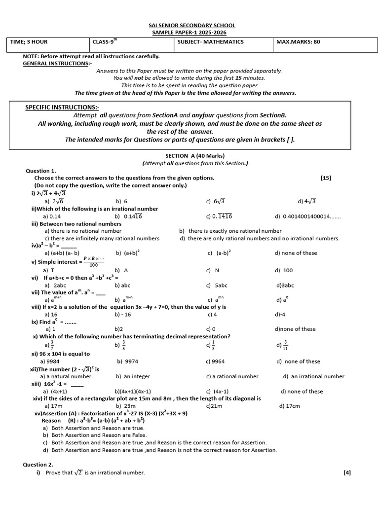 9th Class Maths Sample Paper 2025-26 | PDF | Numbers | Factorization