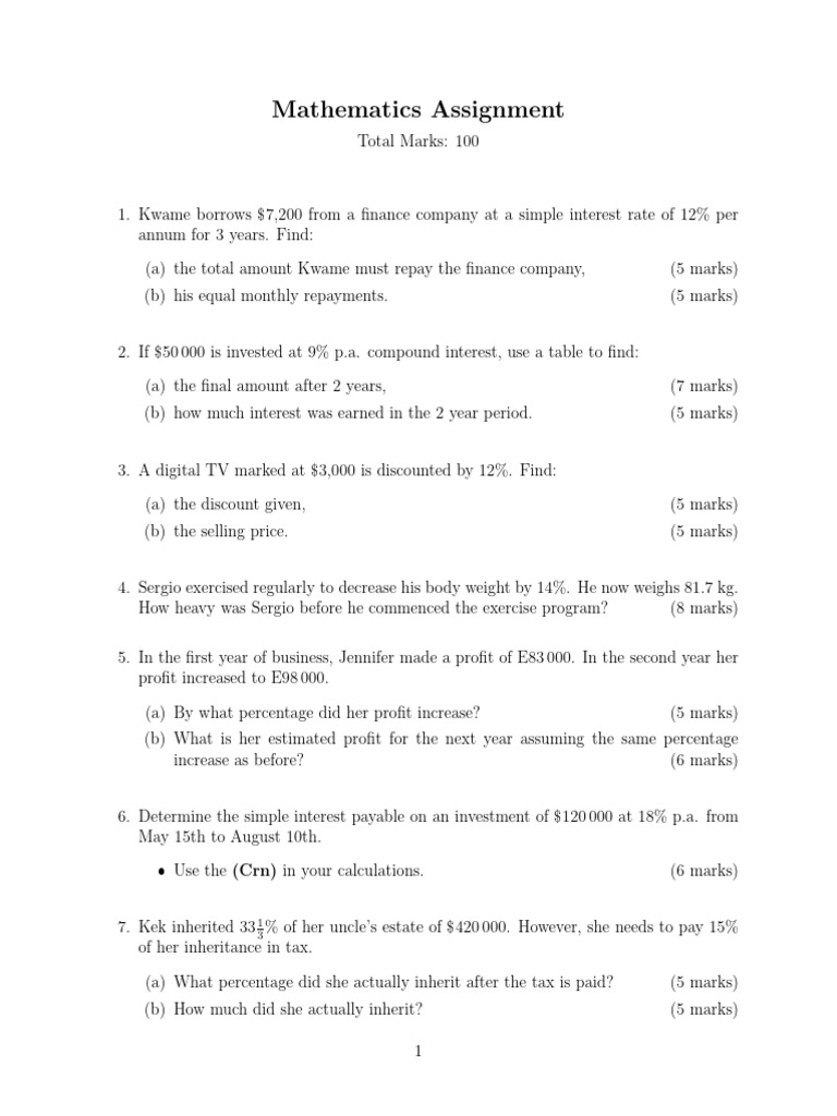 Mathematics Assignment: Interest and Profit Calculations | PDF ...