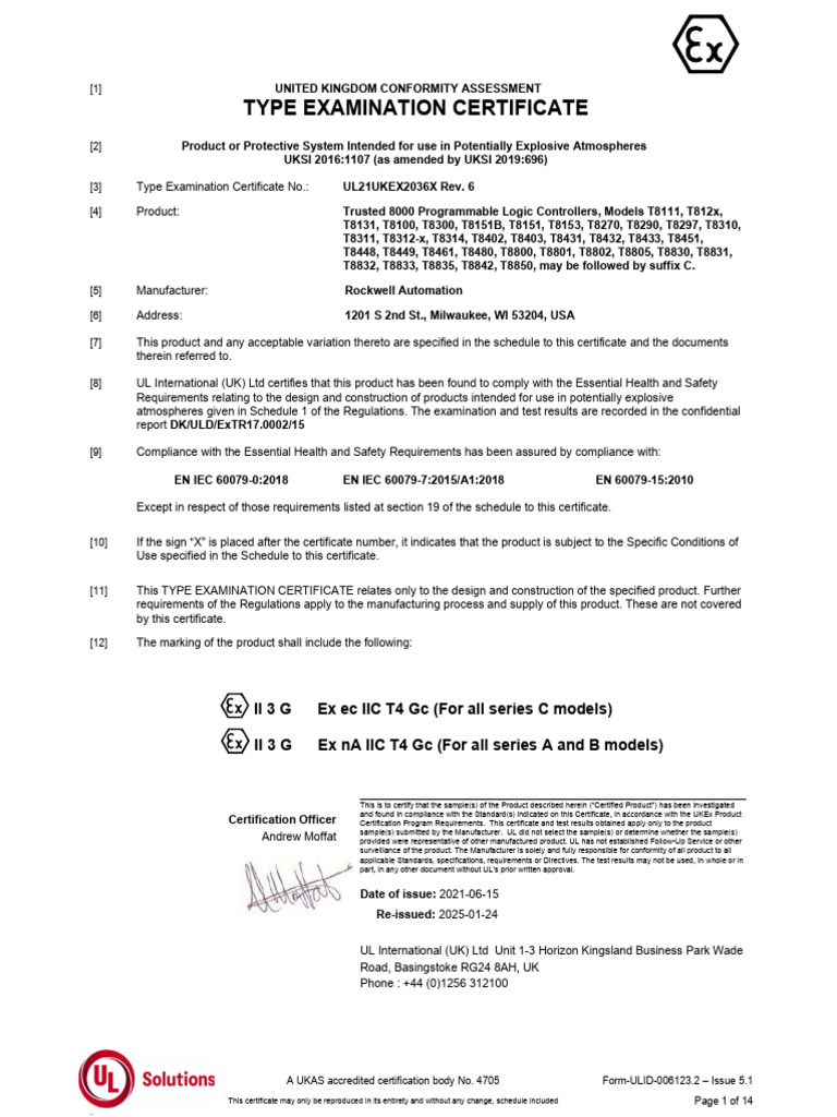 UKEX Type Examination Certificate for Trusted 8000 PLCs | PDF | Input ...