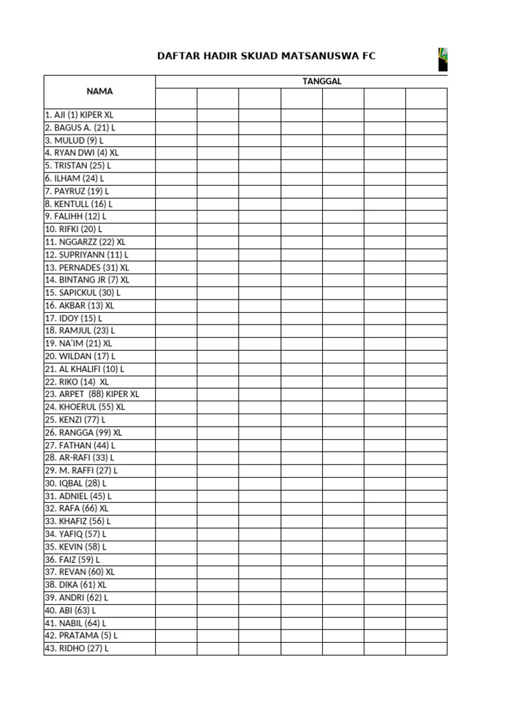 Daftar Hadir SKUAD MATSANUSWA FC | PDF