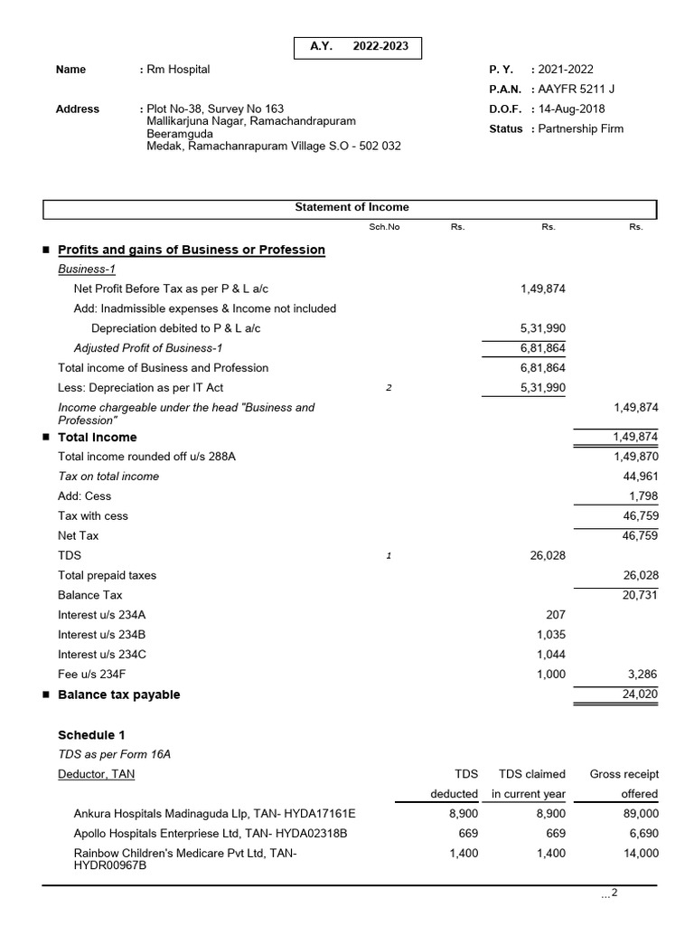 2022-23 Ay It Computation RM Hospital | PDF | Income Statement | Economies