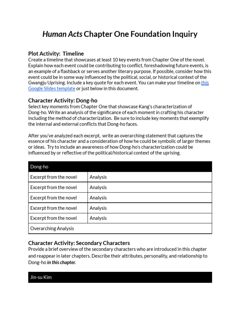 Human Acts Chapter One Foundation Inquiry (Sanghoon) | PDF