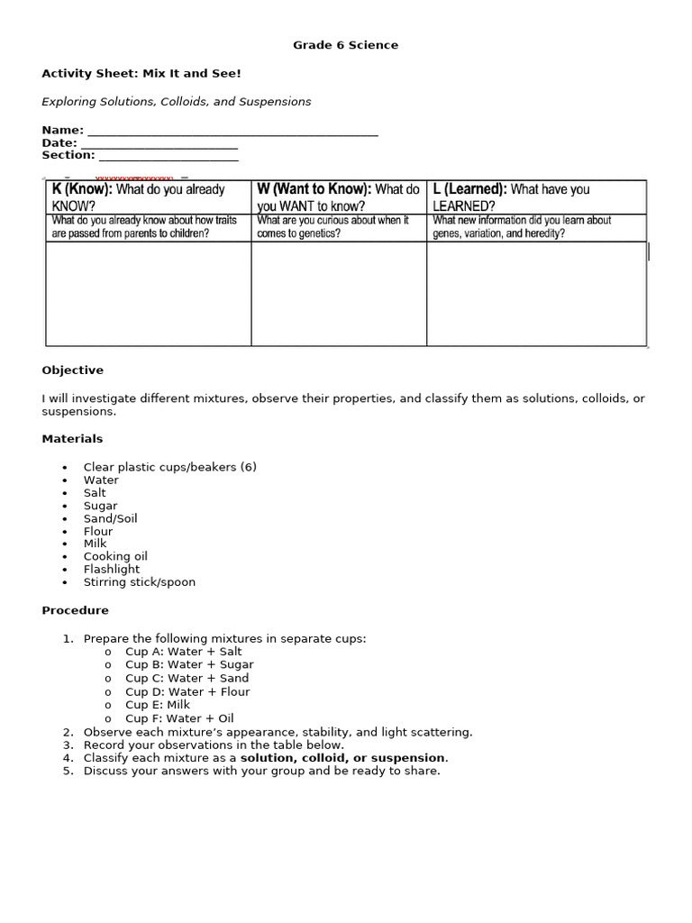 Grade 6 Mixtures: Solutions & Suspensions | PDF