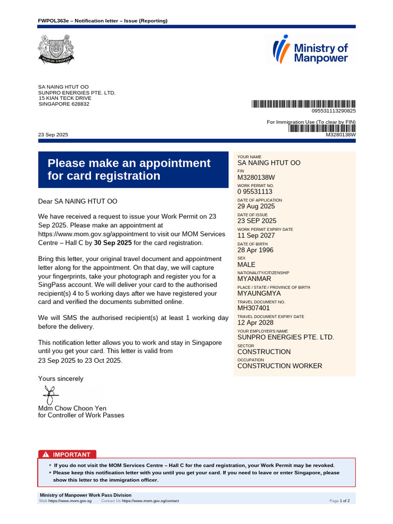 MOM Notification Letter for EP Holders | PDF | Government And Personhood