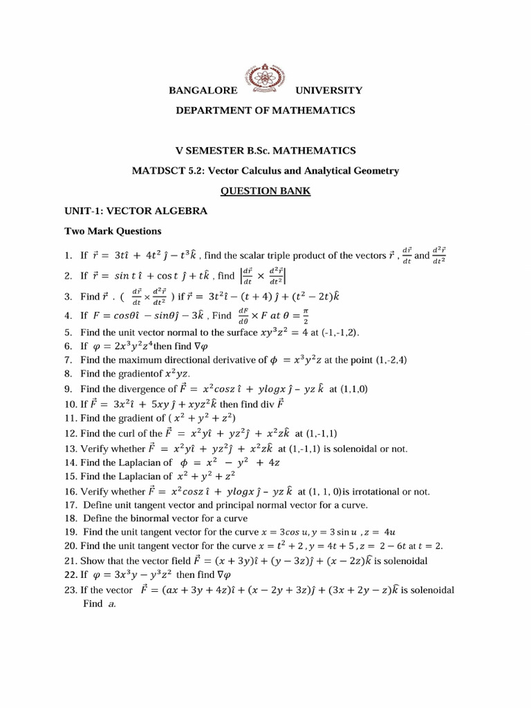 Vector Calculus Question Bank | PDF | Vector Calculus | Mathematical ...