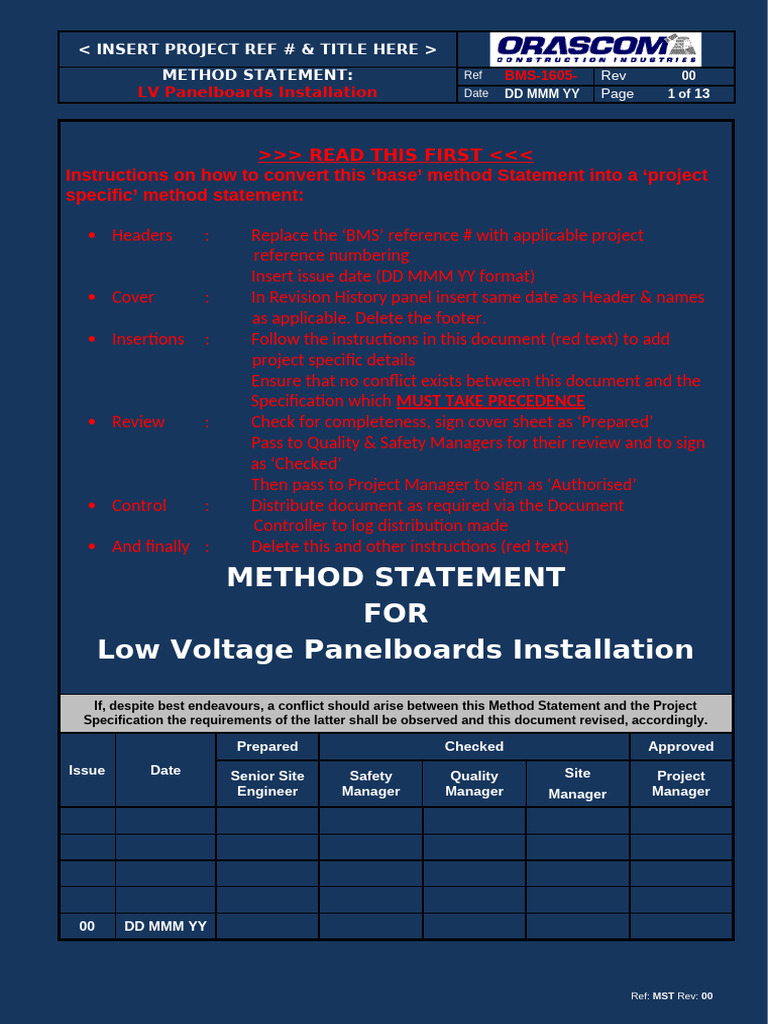 LV Panelboards Installation Method Statement | PDF | Risk | Safety