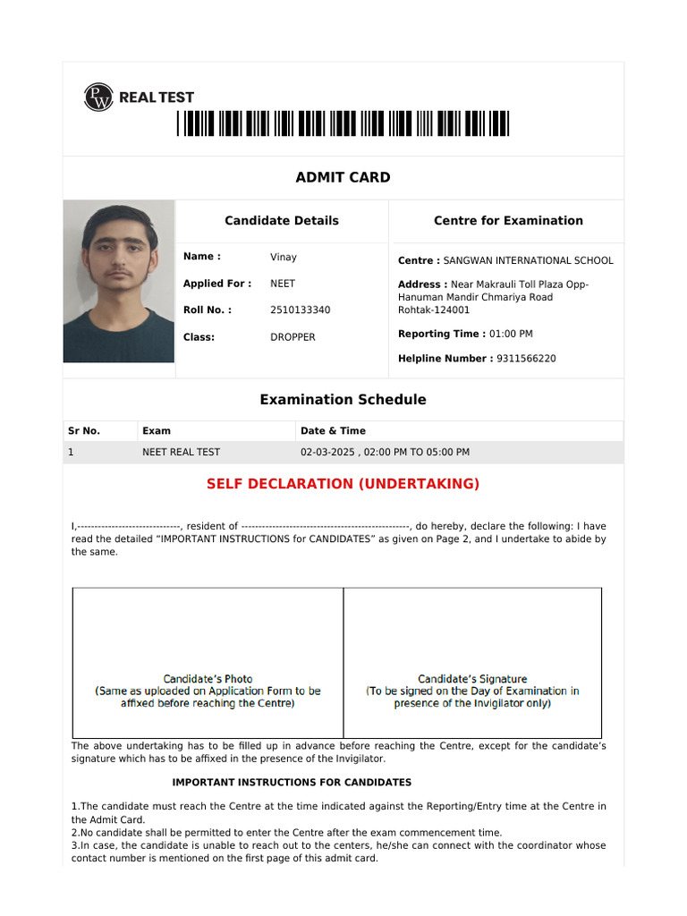 NEET 2025 Admit Card Instructions | PDF | Identity Document