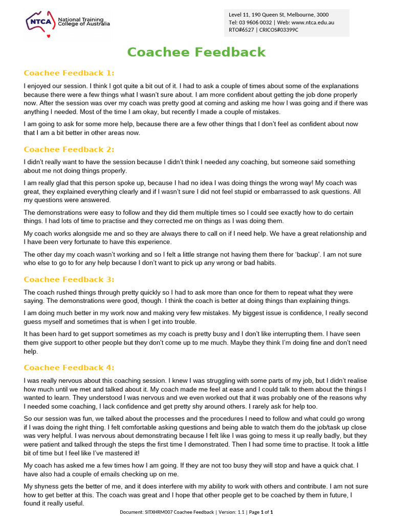 SITXHRM007 Coachee Feedback | PDF